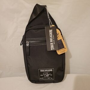 True Religion Logo Patch Crossbody Sling Waist Pack Black Bag.